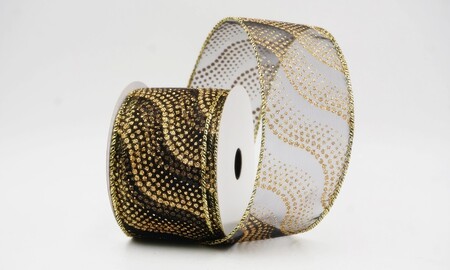 Zwart/goud glitterlint met golvend stippenpatroon_KW0475G-53G